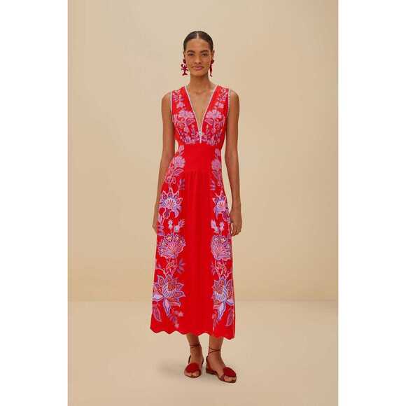 FARM Rio Dresses & Skirts - Red Porcelain Garden Euroflax™ Premium Linen Midi Dress